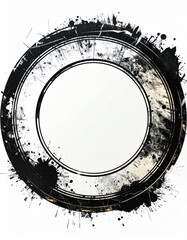 Grungy Black Circle Stamp with Splatter on White Background Texture