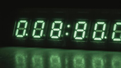 Green Digital Clock Displaying Zeroes in Dark Setting.