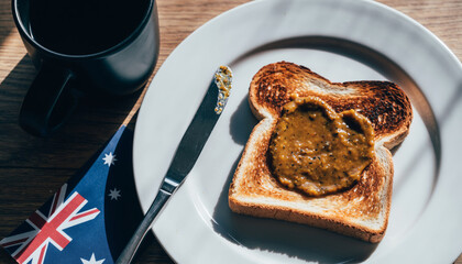 Cozy morning breakfast with perfectly toasted bread, a rich savory spread, and a warm drink, complemented by a national flag, offering a comforting start