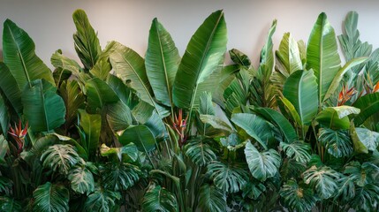 Obraz premium A vibrant wall of lush, tropical foliage displays various green leaf sizes and textures, with hints of orange and red blooms