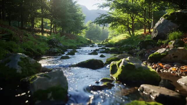 Tracking shot along a forest stream with moss-covered rocks. Clear water flowing through a lush green woodland. Sunlight reflections on the surface. Nature landscape