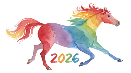 馬の水彩イラスト(2026のテキスト入り)、干支、午年、年賀状