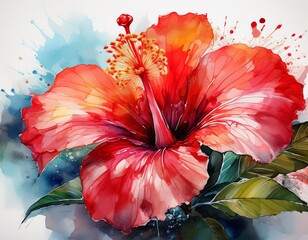 a bold watercolor depiction of a hibiscus flower with vibrant red petals