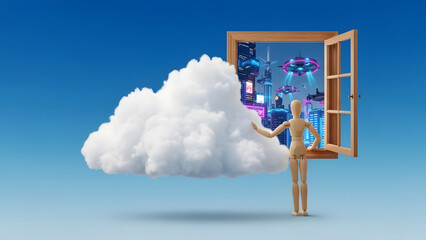 雲についた窓を開けて輝く未来都市を覗き込むデッサン人形