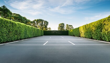 empty parking lot bordered by lush green hedges and trees
