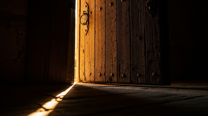 Golden Ray of Light Breaking Through the Darkness of an Ancient Wooden Door