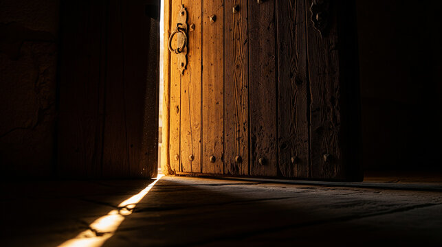 Golden Ray of Light Breaking Through the Darkness of an Ancient Wooden Door