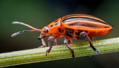 close up of orange striped bug on stem