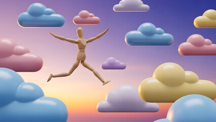 カラフルな雲の上を次々と飛び移るデッサン人形