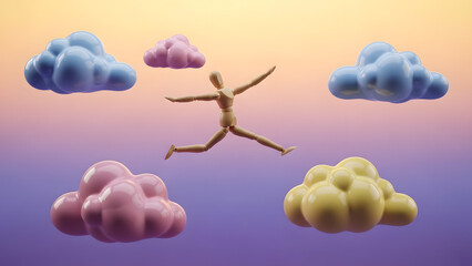 カラフルな雲の上を次々と飛び移るデッサン人形
