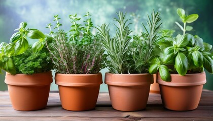 variety of fresh aromatic herbs like rosemary thyme basil mint and parsley artfully arranged in small terracotta pots perfect for growing and using in the kitchen