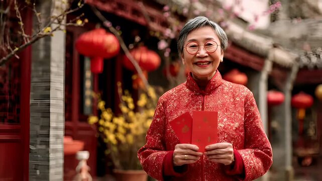 Chinese lunar new year holiday celebration. Spring festival tradition. Chunjie. Asia. A woman in a red cheongsam holding red envelopes.
