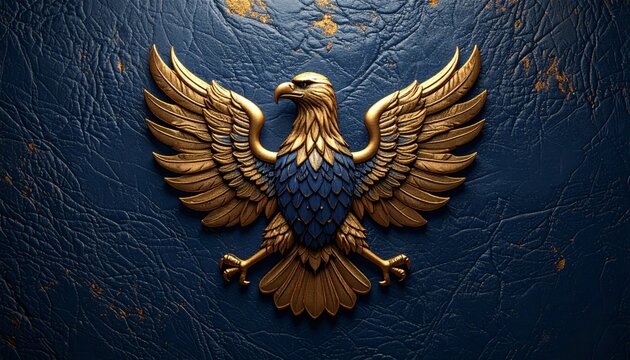 Golden Eagle Emblem on Blue Textured Background with Ornate Details