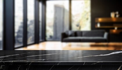 black marble stone table top with blurred room view black marble room