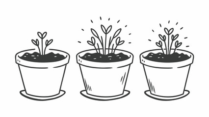 Hand Drawn Outline Illustrations of Growing Plants in Pots