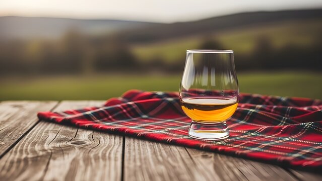 Celebrating robbie burns day with a glass of whisky on a plaid blanket