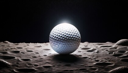 moon surface with a lone white golf ball standing upright in the foreground dark space in the background illuminated by soft light highlighting textures