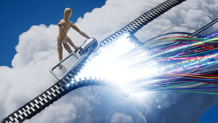 雲のジッパーを開けて中の光を解き放つデッサン人形（開示・オープンソース・解凍）