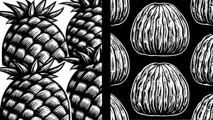 Hand Drawn Tropical Fruit Illustrations in Vintage Etching Style