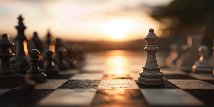 Chess: strategy in the Sunset: A chessboard with pieces arranged, the king piece stands alone. Sunset in the background