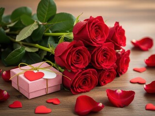 Beautiful red roses with gift box on wooden table
