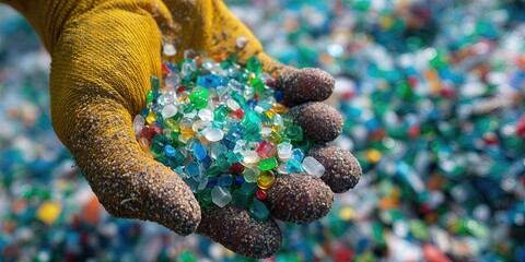 Environmental Stewardship: A gloved hand cradles a vibrant collection of recycled plastic pellets, representing a dedication to environmental preservation and sustainability.