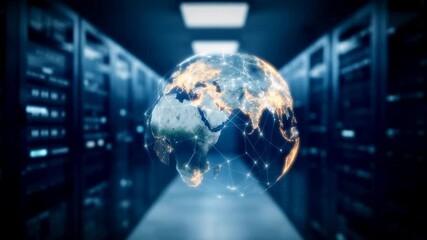 Global network digital globe data center server rack cybersecurity internet connection futuristic technology earth hologram cyber - Powered by Adobe