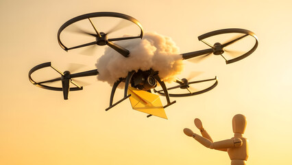 雲型ドローンからメールを受け取るデッサン人形

