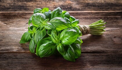fresh green basil bunches on rustic wooden table in high detail