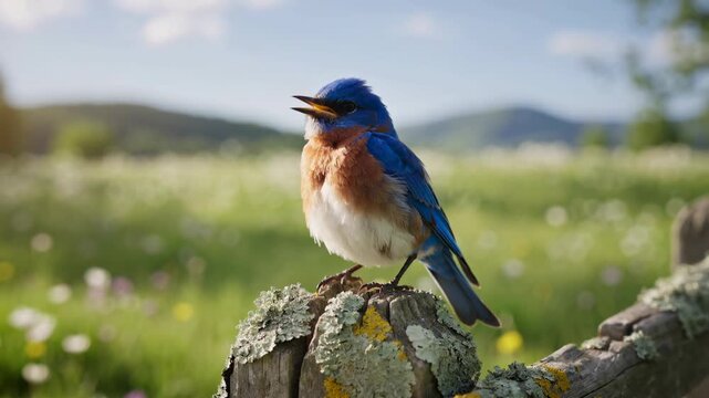 Eastern bluebird singing on a rustic fence post. Songbird perched in a sunny spring meadow with wildflowers. Nature and wildlife in a rural landscape