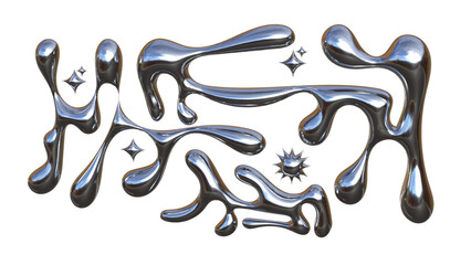 3D Chrome Liquid Abstract Shapes with Metallic Fluid Forms and Star Spark Elements Futuristic Modern Illustration on White Background