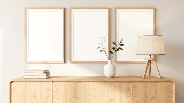 a stylish room with a wooden sideboard and three blank picture frames on the wall . use as multipurpose tittle intro, background. product mockup. motion graphics background