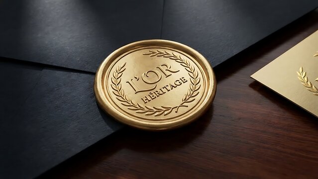 Gold seal with L O R H E R I T A G E text on black envelopes and wooden table LOR HERITAGE wax stamp