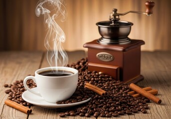 Hot steaming cup of coffee with a vintage coffee grinder and cinnamon sticks on a rustic wooden table surrounded by coffee beans