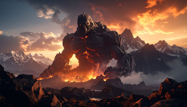 Colossal Earth Spirit Rises in Fiery Mountain Landscape.