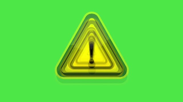 Radiating Warning Sign Animation Green Screen. Yellow hazard triangle with ripple echo effect. Caution alert icon chroma key.
