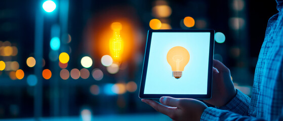 A person holds a tablet displaying a light bulb icon, surrounded by a colorful bokeh background, symbolizing innovation and creativity in technology.