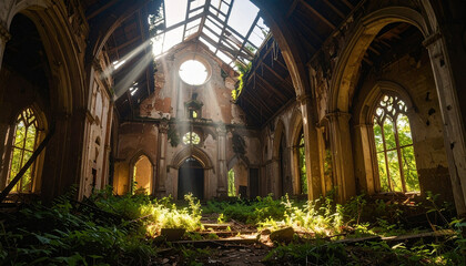 Abandoned Church Interior with Sunlight Streaming Through.