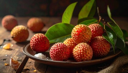 Fresh lychee fruits with sugar coating on rustic wooden table top display