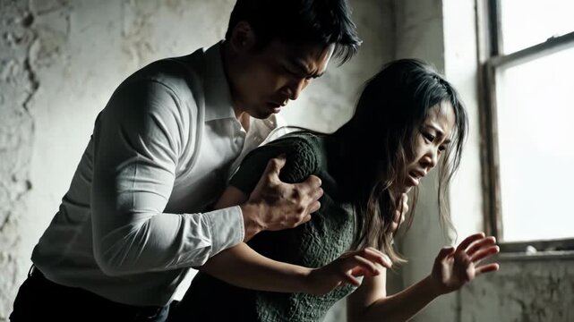 Man and woman in a physical altercation with a window in the background