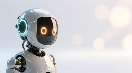 Cute AI Robot standing on the far left, looking into a massive, creamy, empty bokeh void on the right.