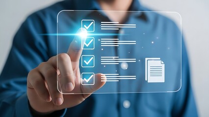 Man Touching a Digital Checklist Screen for Quality Control Management and Business Process Compliance Task Completion