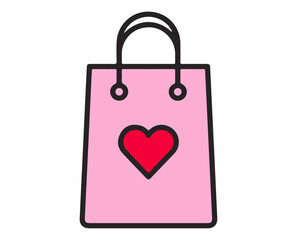 pink shopping bag with heart, cute flat vector icon design