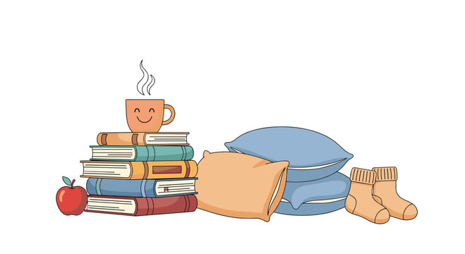 Comforting arrangement of stacked books, a steaming mug of tea with a face, pillows, and warm socks, symbolizing a perfect cozy day in. - Powered by Adobe