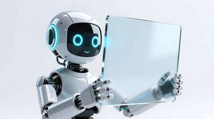 Humanoid robot holding a large, blank, frosted glass panel. Focus on the robot's hands as it presents the clear copy space.