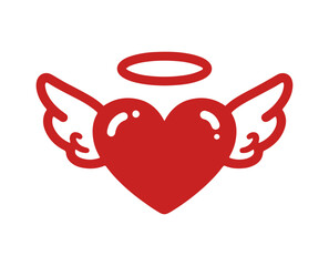 red heart with angel wings and halo, flat vector icon design