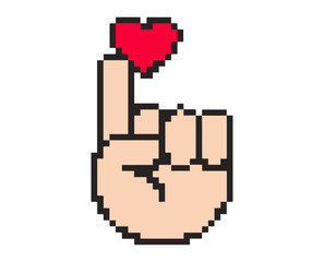 pixel art hand holding heart icon, retro game style love symbol