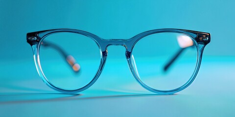 Blue Eye Glasses: A pair of stylish blue eyeglasses, designed with clear lenses, rests against a complementary blue background. These eyeglasses offer a sleek and modern design.