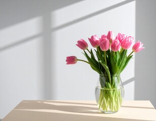 Fototapeta premium Bouquet of Fresh Pink Tulips in Glass Vase on Table with Shadow Background