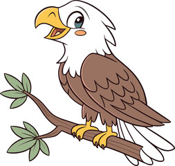 Cute cartoon eagle standing on a branch holding a blank sign on a white background